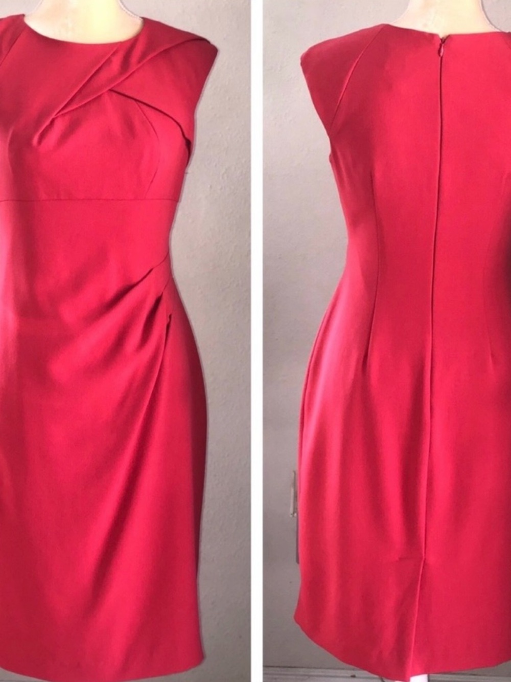 Adrianna Papell Red Cap-Sleeve Midi Sheath Dress with Folded Neck Detail - Picture 2 of 6